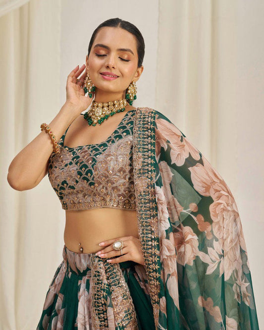 Green Color Floral Printed Organza Lehenga Choli