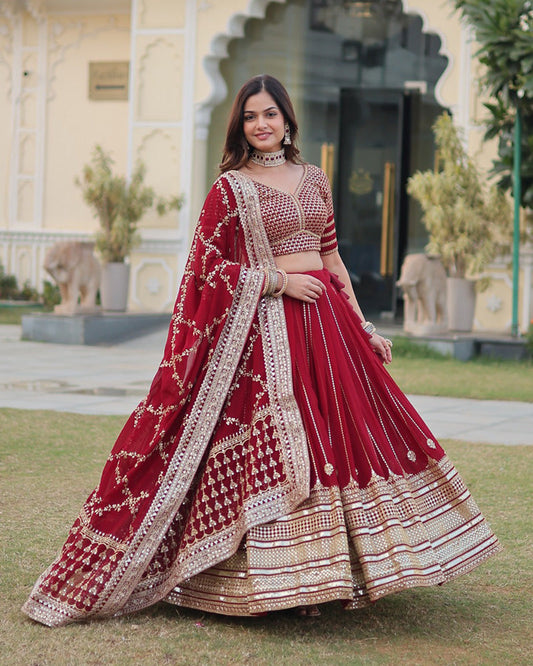 Wedding Wear Maroon Color Designer Blooming Semi stitched Lehenga Choli