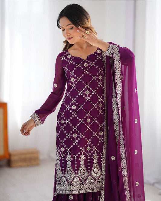 Wine Color Faux Georgette Sharara Suit