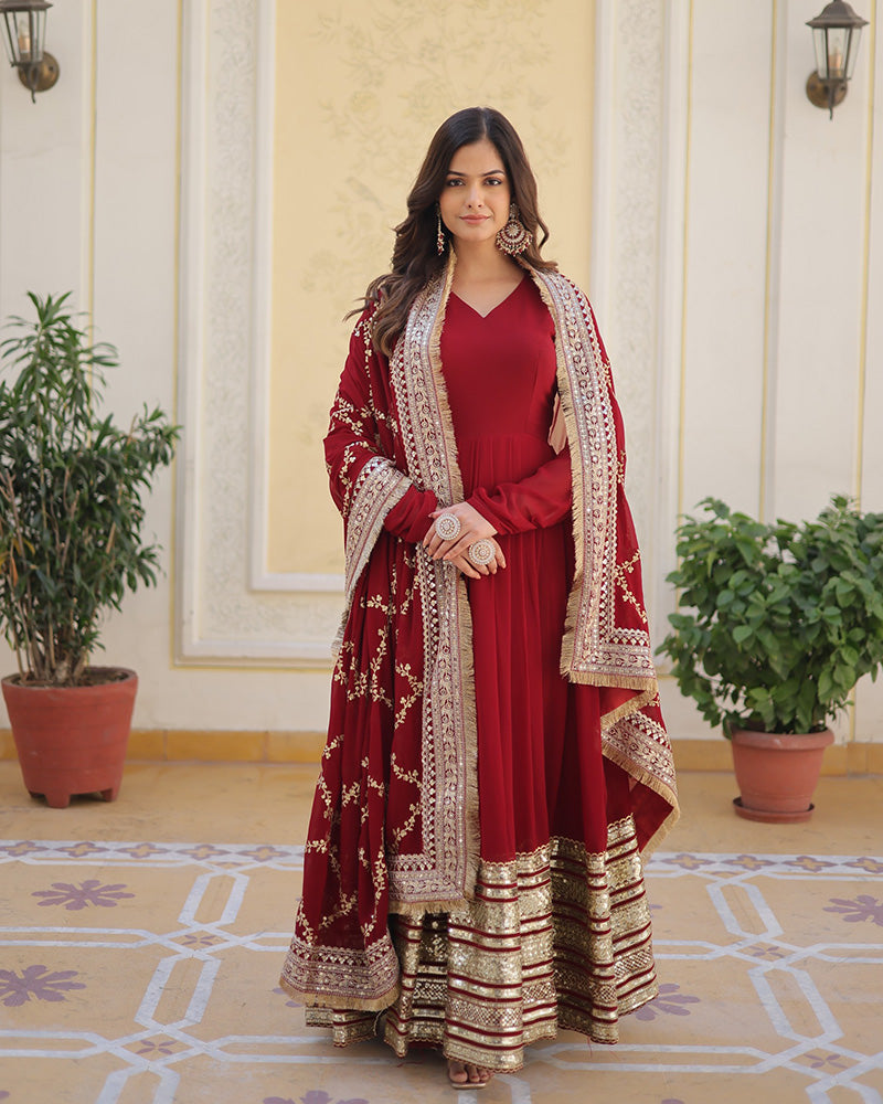 Designer Maroon Color Blooming Sequence Embroidery Work Gown