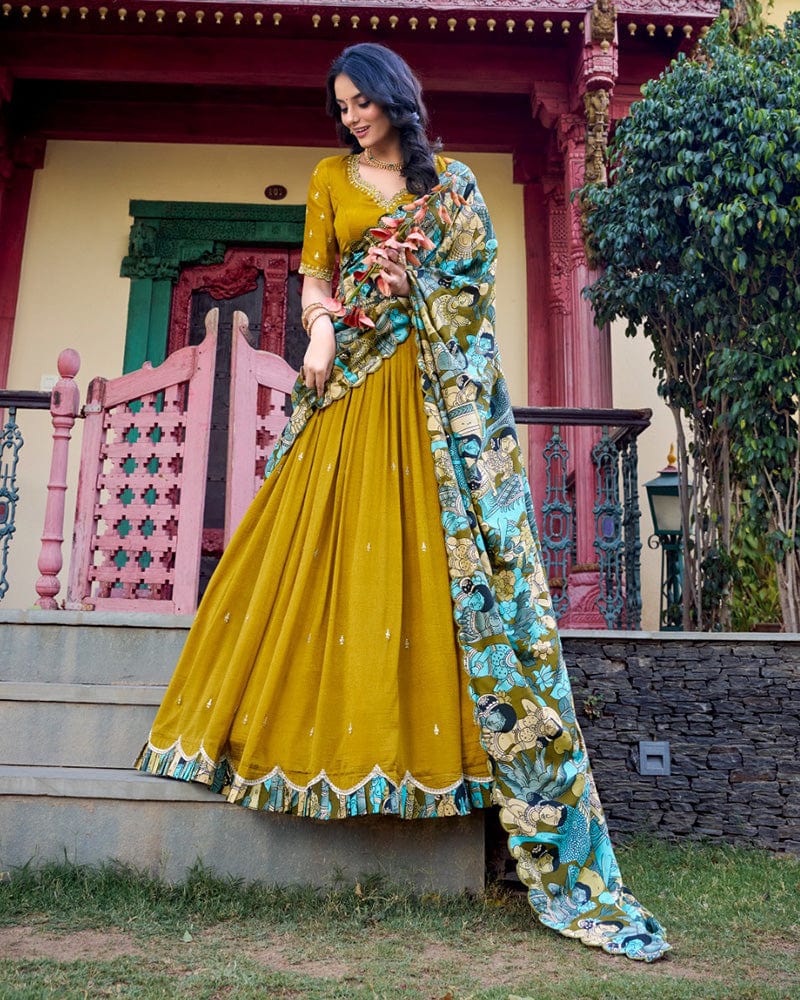 Mustard Color Vichitra Silk Embroidered Lehenga Choli