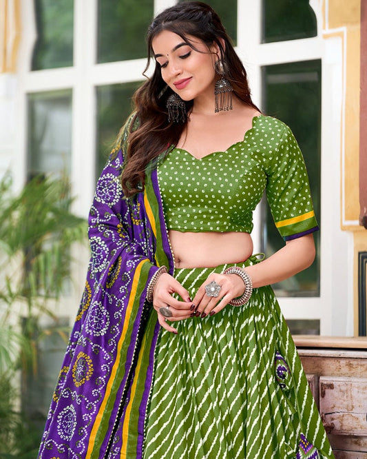 Green Color Tussar Silk laheriya Printed Navratri Lehenga Choli