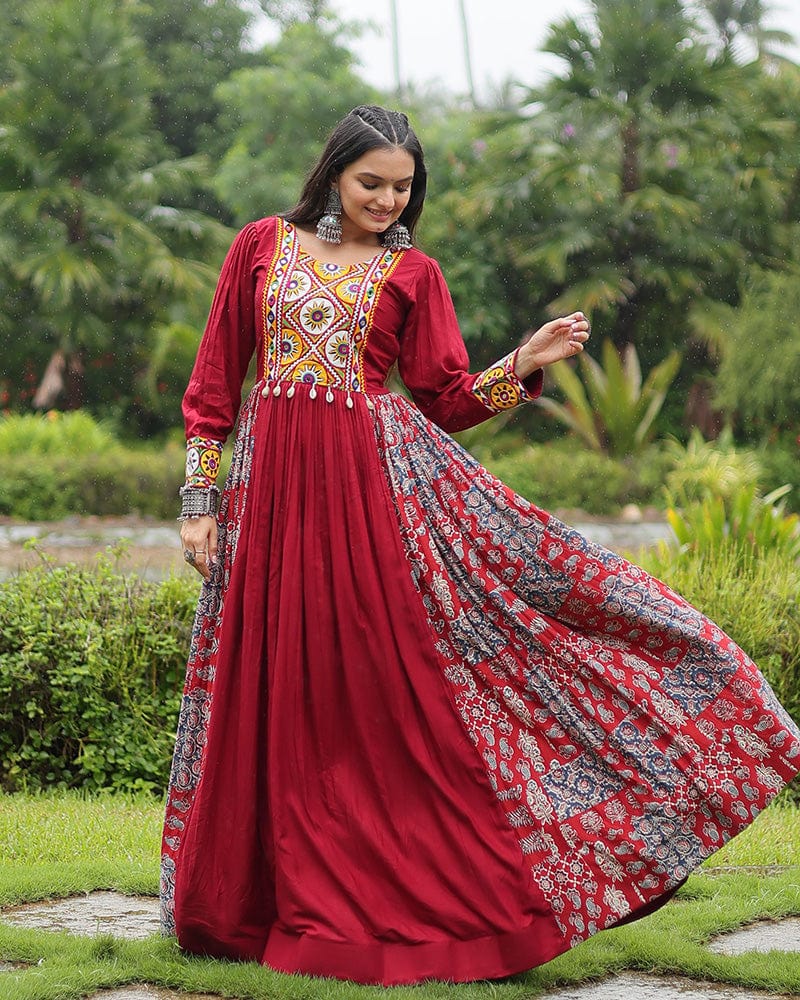 Maroon Color Rayon Gamthi Work Navratri Gown