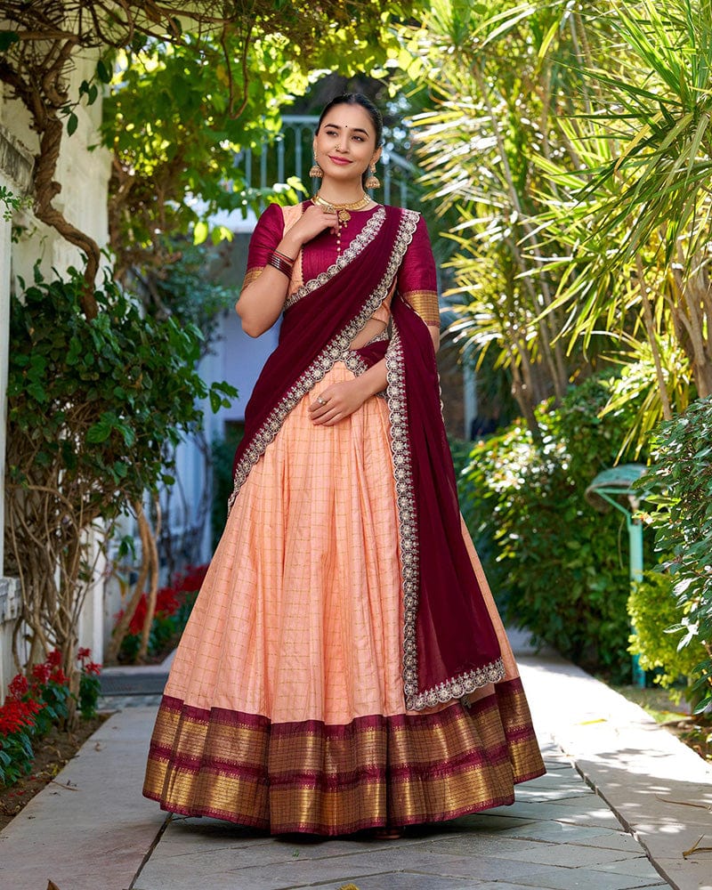 premium Peach Color Zari Chex Lehenga Choli