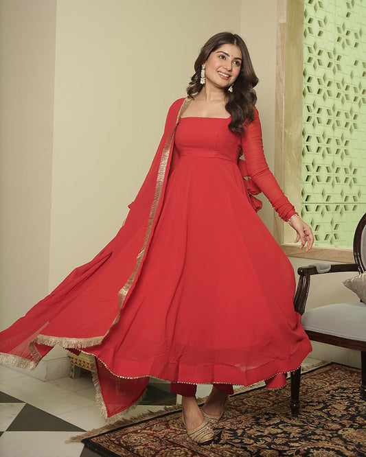 Red Color Georgette Three Piece Anarkali Suit
