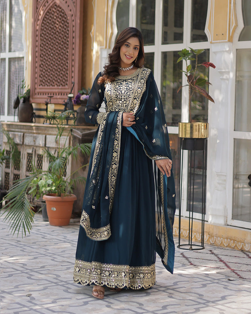 Rama Color Faux Blooming Embroidered Gown