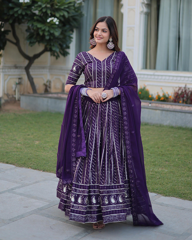 Designer Wine Color Faux Blooming Semi stitched Lehenga Choli