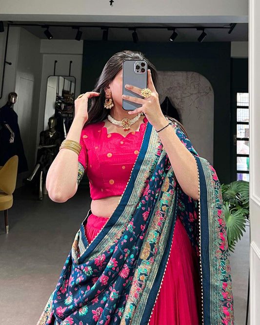 Pink Color Tussar Silk Printed With Foil Work Lehenga Choli