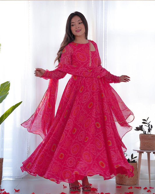Pink Color Bandhej Print Soft Chiffon Stylish Neck Three Piece Anarkali Gown