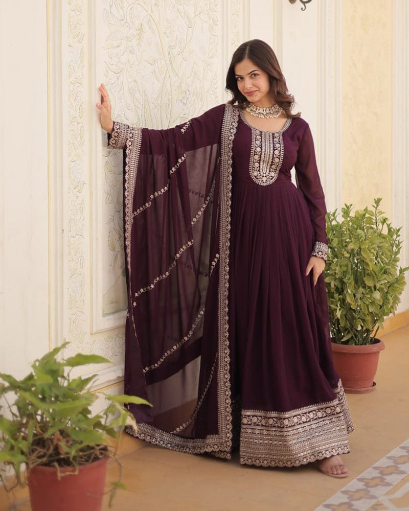 Wine Color Faux Blooming Rich Sequence Embroidered Gown