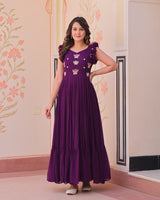 Wine Color Faux Blooming Embroidered work Gown