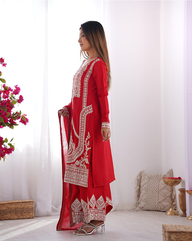Red Color Vichitra Silk Three Piece Kurti Suit