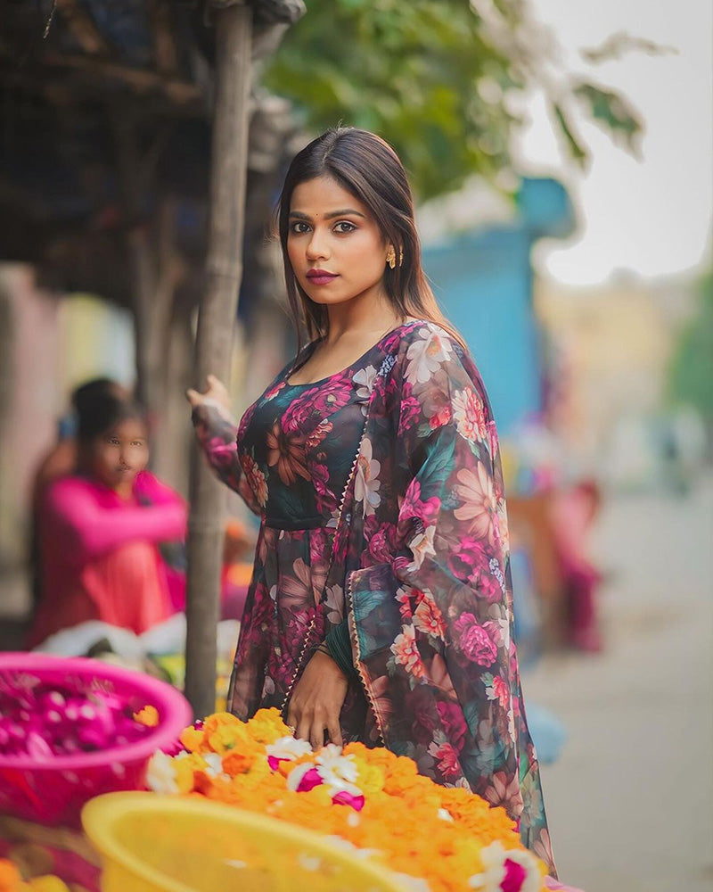 Rugee In Our Floral Print Organza Black Color Three Piece Anarkali Suit