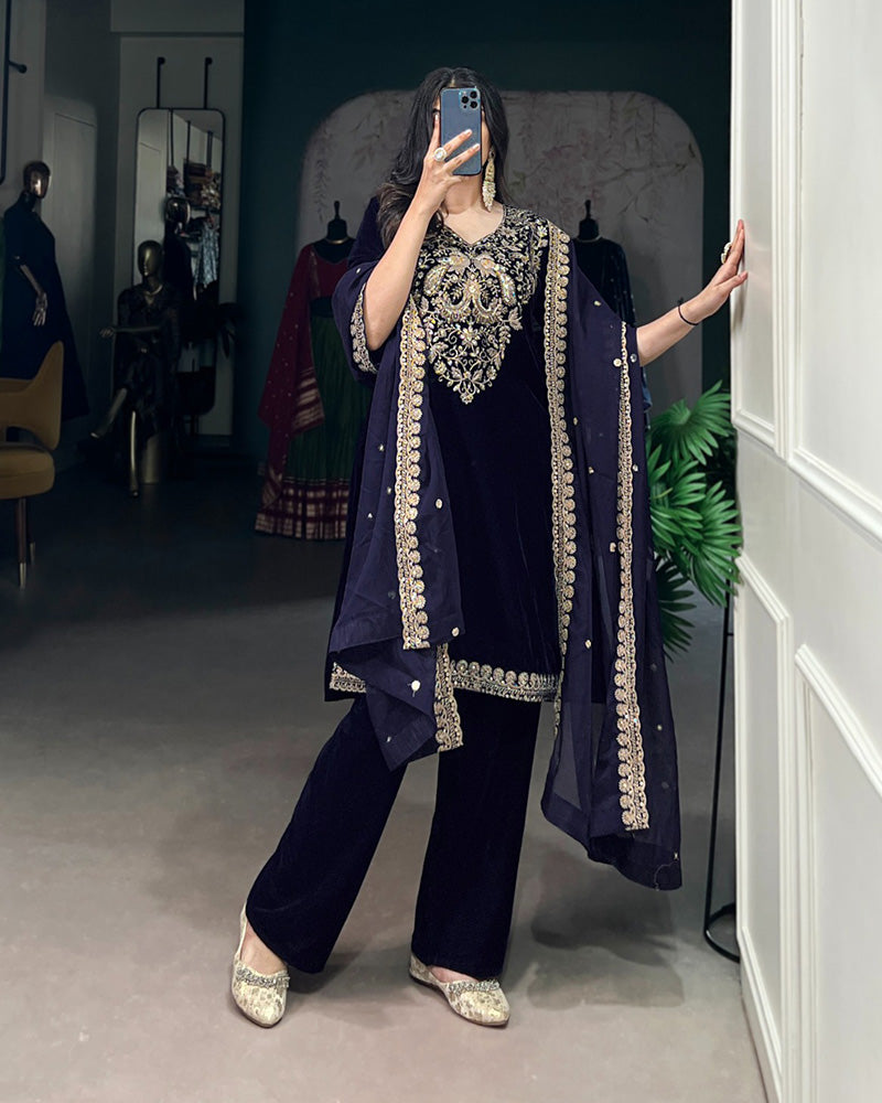 Navy Blue Color Velvet Three Piece Kurti Suit