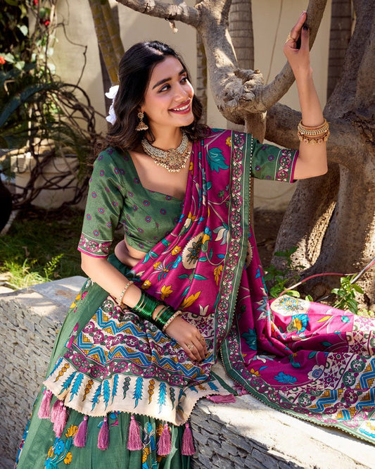 Mehndi Color Tussar Silk Kalamkari Printed Lehenga Choli