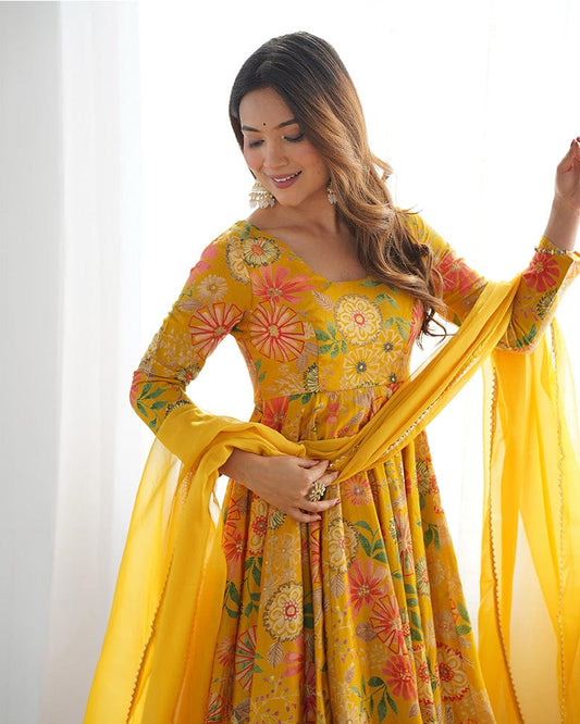 Mustard Color Roman Silk Discharge Printed Plazzo Suit