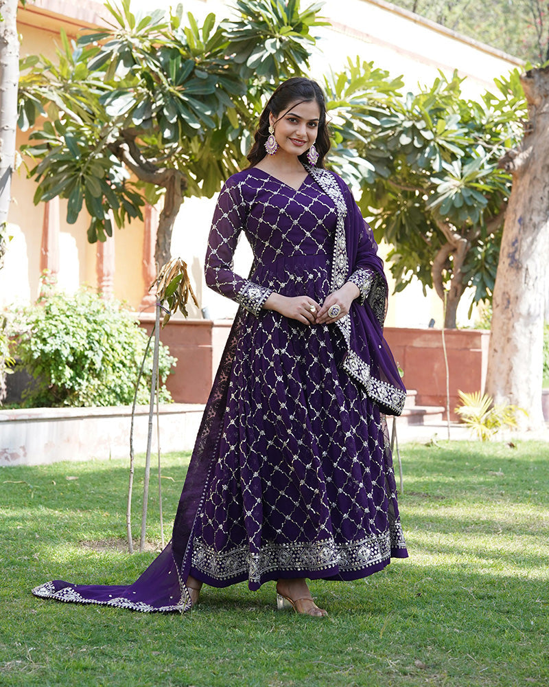 Designer Sequence Embridered Work In Faux Blooming Wine Color Anarkali Gown