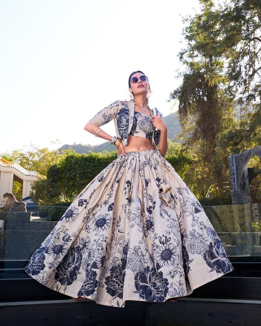 Cream Color Tussar Silk Lehenga Choli With koti