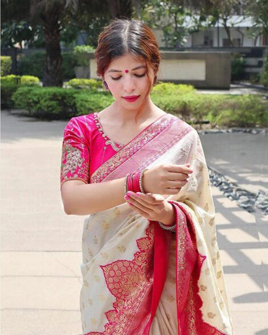 Pink And Cream Color Banarasi Jacquard Soft Silk Saree