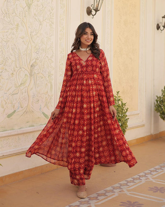 Designer Red Color Georgette Printed Co-Ord Set