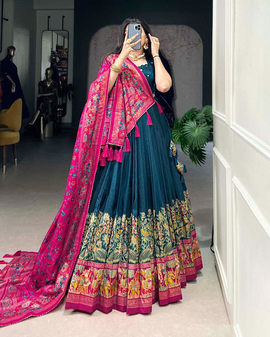 Royal Blue Color Tussar Silk Printed With Foil Work Lehenga Choli