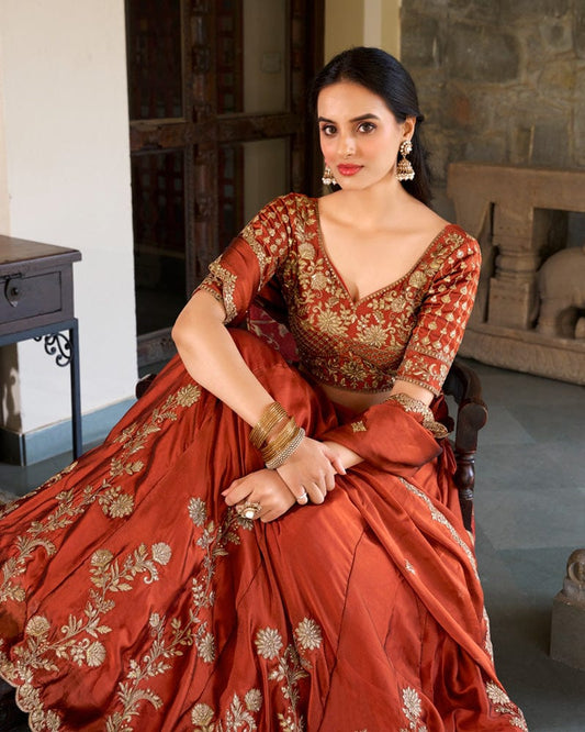Rust Orange Color Rangoli Silk Embroidered Lehenga Choli