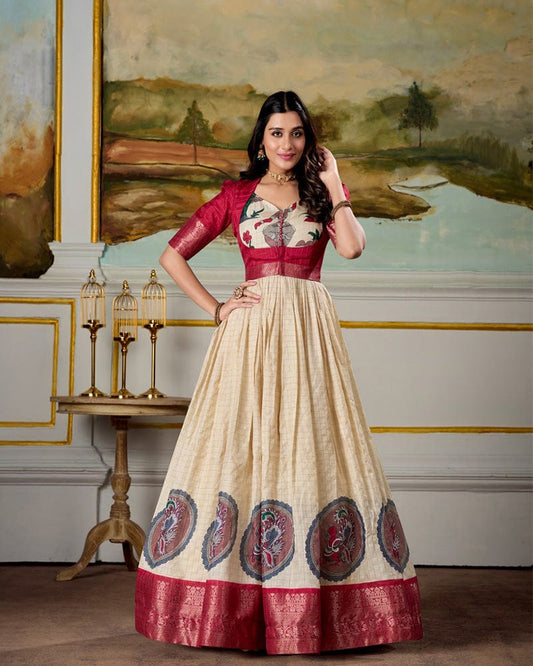 Red Color Dola Silk  Kalamkari Gown With koti