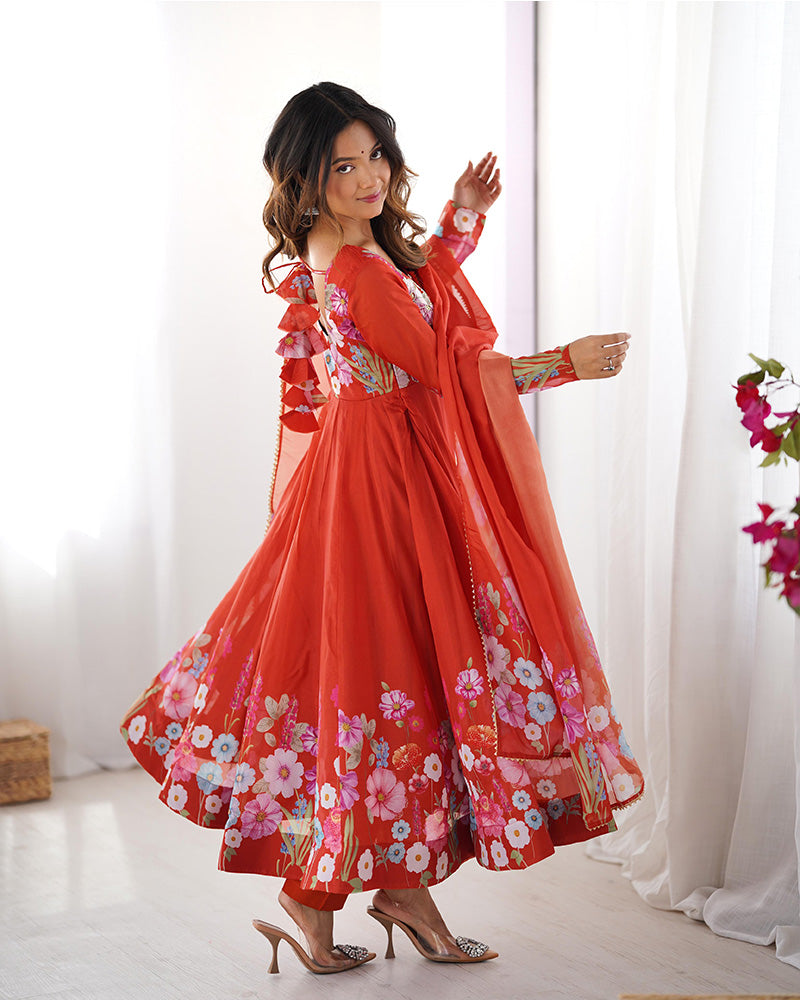 Rust Color Floral Print Organza Three Piece Anarkali Suit