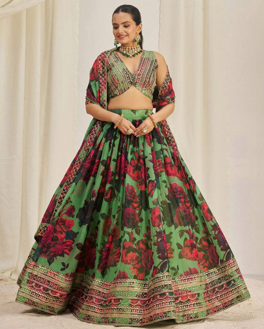 Red And Green Color Floral Printed Organza Lehenga Choli