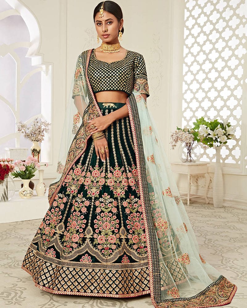 Dark Green Color Pure Velvet Embroidered Lehenga Choli