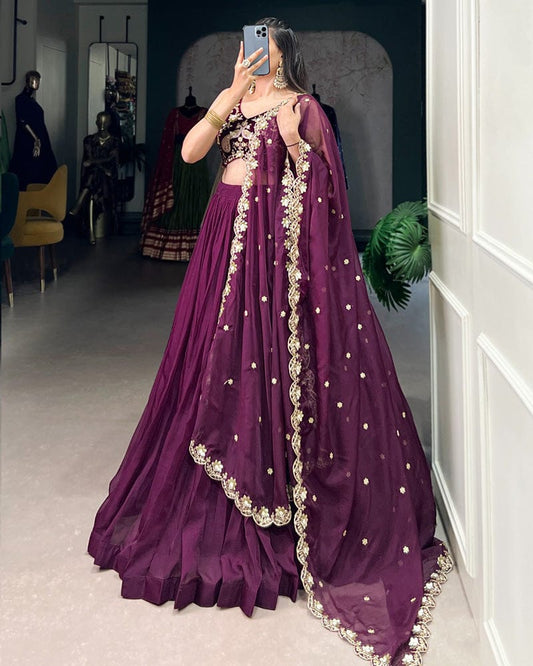 Wine Color Embroidered Organza Lehenga Choli