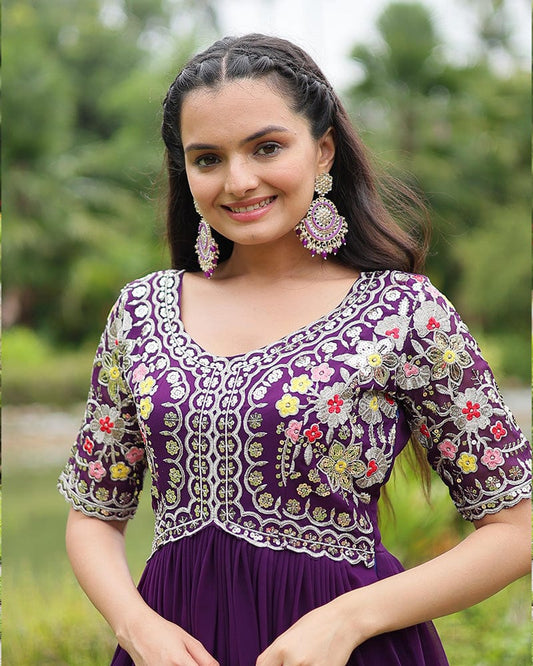 Purple Color Faux Blooming Embroidered Gown
