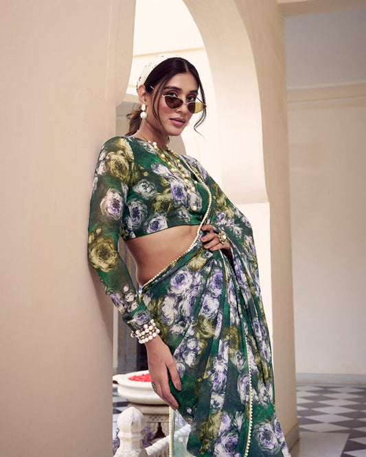 Green Color Weightless Marble Printed Saree
