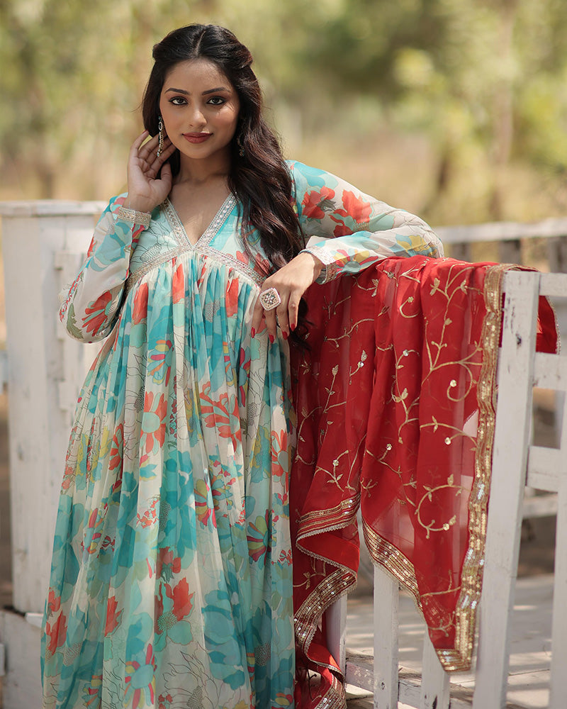 Sky Blue Color Alia Cut Embroidered Gown With Dupatta