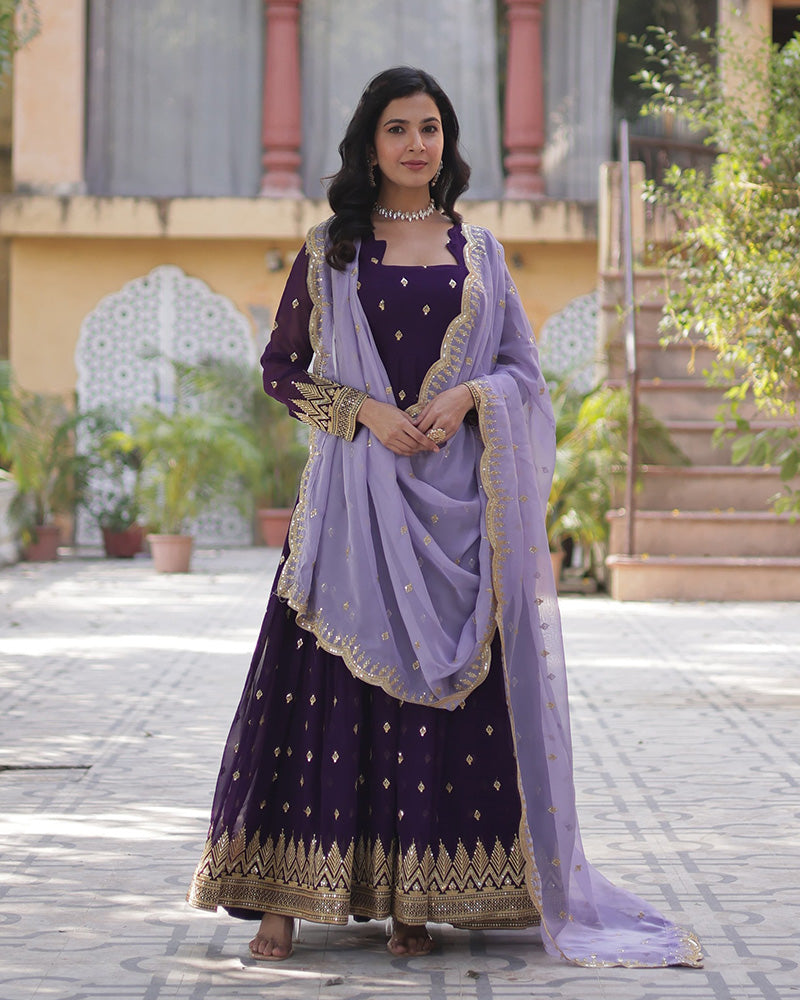 Dark Purple Color Floor Length Gown With Embroidered Dupatta