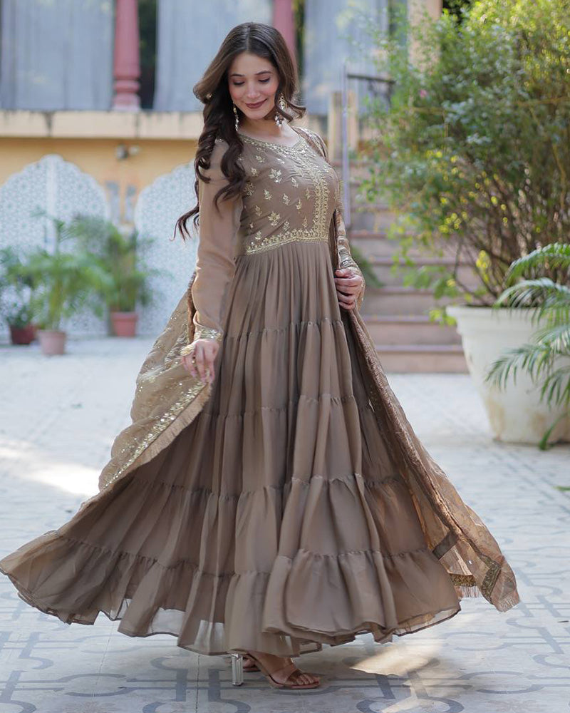 Brown Color Star Georgette Gown With Embroidered Dupatta