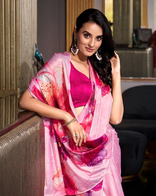 Light Pink Color Satin Silk Printed Saree