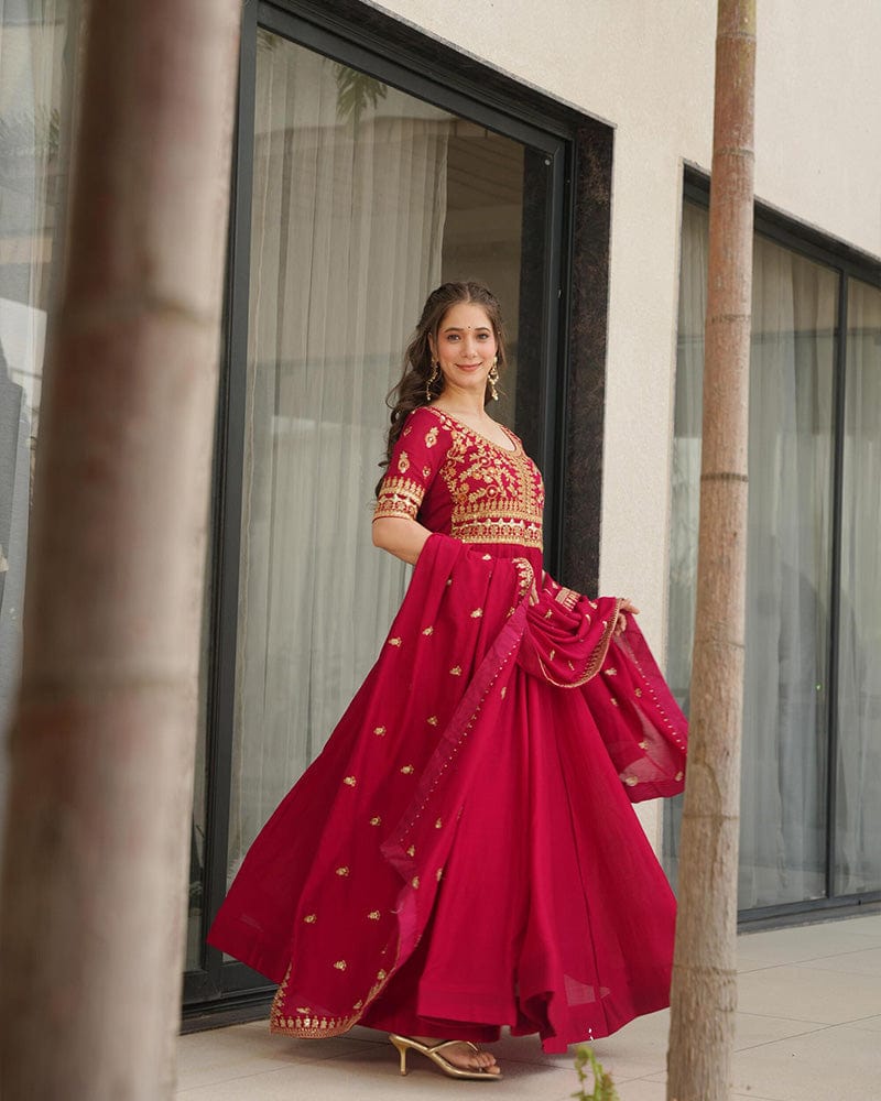 Rani Pink Color Vichitra Silk Embroidered Gown
