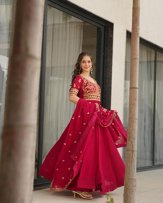 Rani Pink Color Vichitra Silk Embroidered Gown