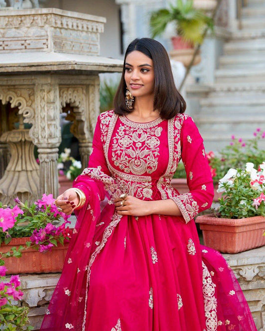Pink Color Vichitra Silk Embroidered Gown