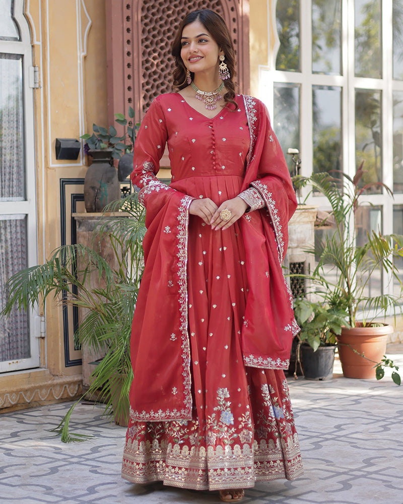 Tomato Color Embroidered Viscose Cosmos Gown With Dupatta