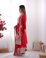 Red Color Vichitra Silk Three Piece Kurti Suit