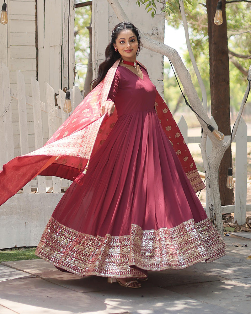 Designer Dusty Pink Color Faux Georgette Embroidered Gown