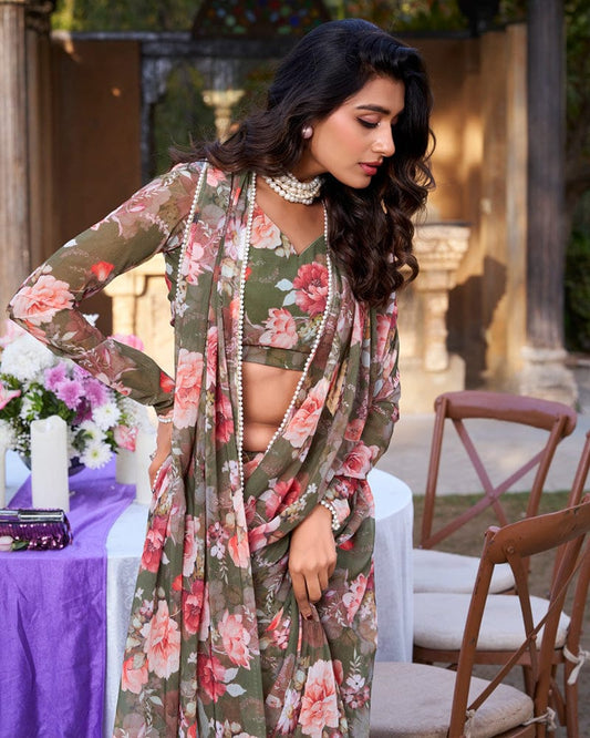 Mehndi Color Weightless Marble Saree