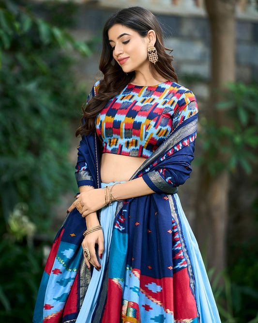 Sky Blue Color Tussar Silk Printed Navratri Lehenga Choli
