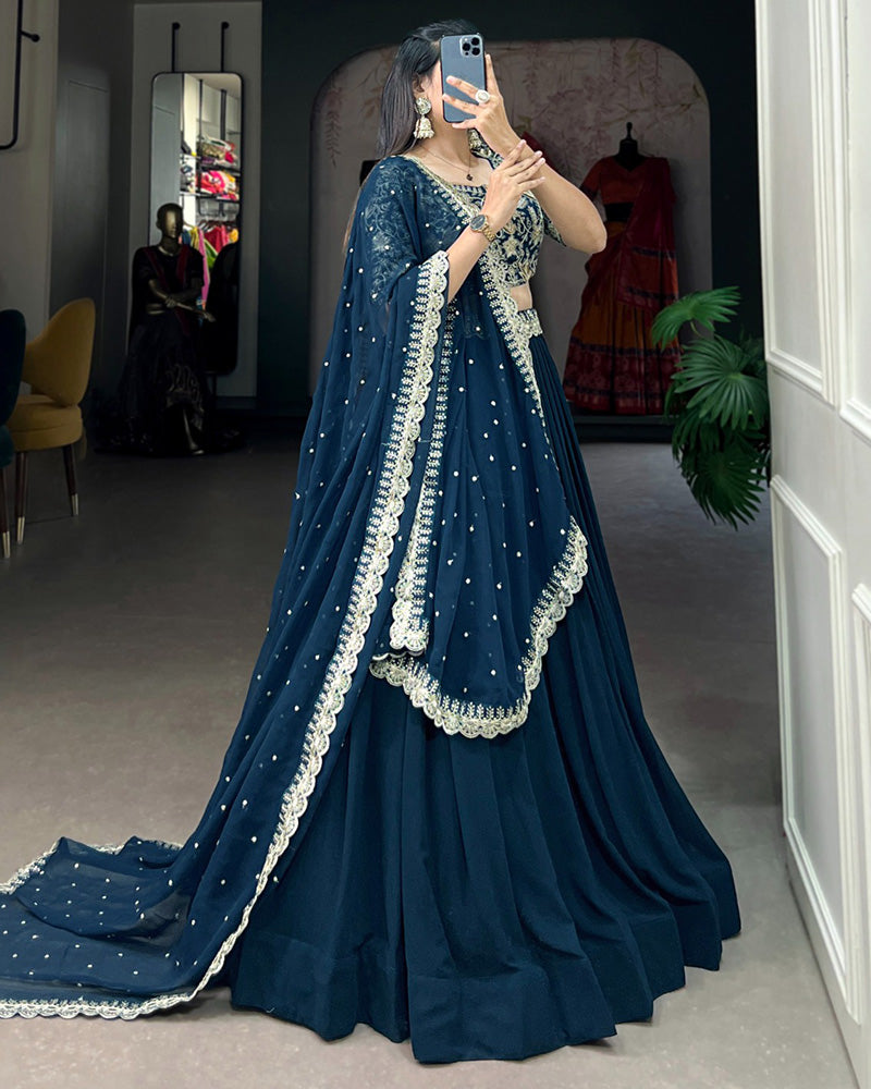 Teal Green Color Georgette Embroidered Lehenga Choli