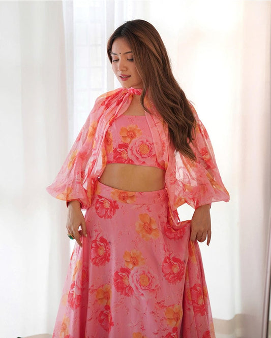 Baby Pink Color Pure Tabby Organza Printed Lehenga Choli