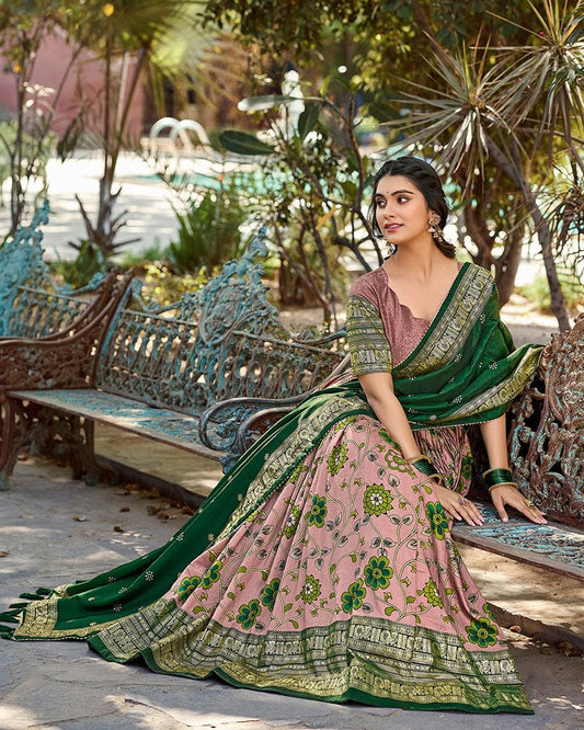 Onion Color Tussar Silk Kalamkari Printed Navratri Lehenga Choli