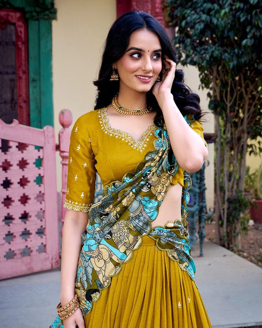 Mustard Color Vichitra Silk Embroidered Lehenga Choli