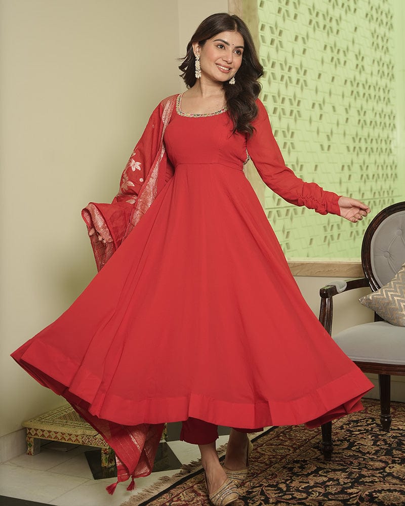 Red Color Georgette Anarkali With Dyable Jacquard Dupatta